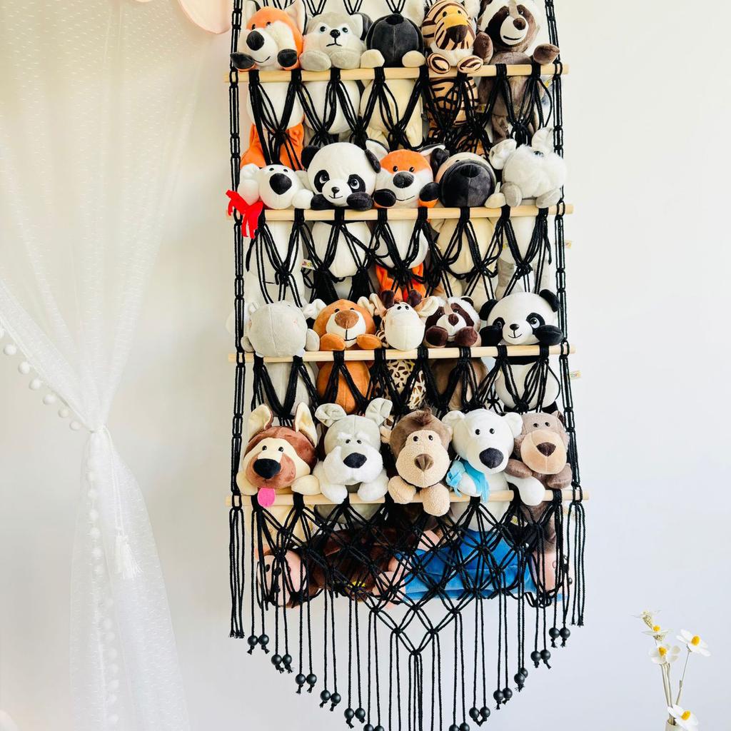 Hanging Storage Net for Plush Toy Decorative Wood and Cotton Hanging Organiser Storage Holder Rack for Kids' Toy