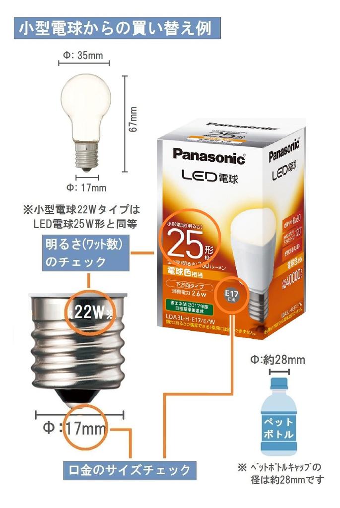 Panasonic LED Light Bulb E17 Base 17mm Diameter 25W Equivalent Warm White 2.6W Small Downward Suitable for Enclosed Fixtures 1 Piece LDA3LHE17EW