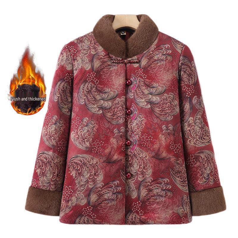 Stylish Fleece-Lined Cotton Jacket for Middle-aged and Elderly Women