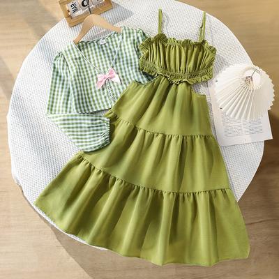Girls' Fashion Set, Autumn Children's V-neck Long-sleeved Top, Solid Color Patchwork Halter Dress