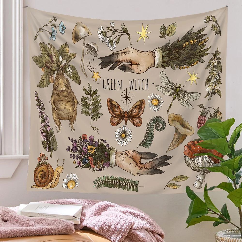 Botanischer Druck Florales Wandbehang Pilz-Wandteppich Vintage Boho Wildblumen Gemüse-Wandteppich Bunte Heimdekoration