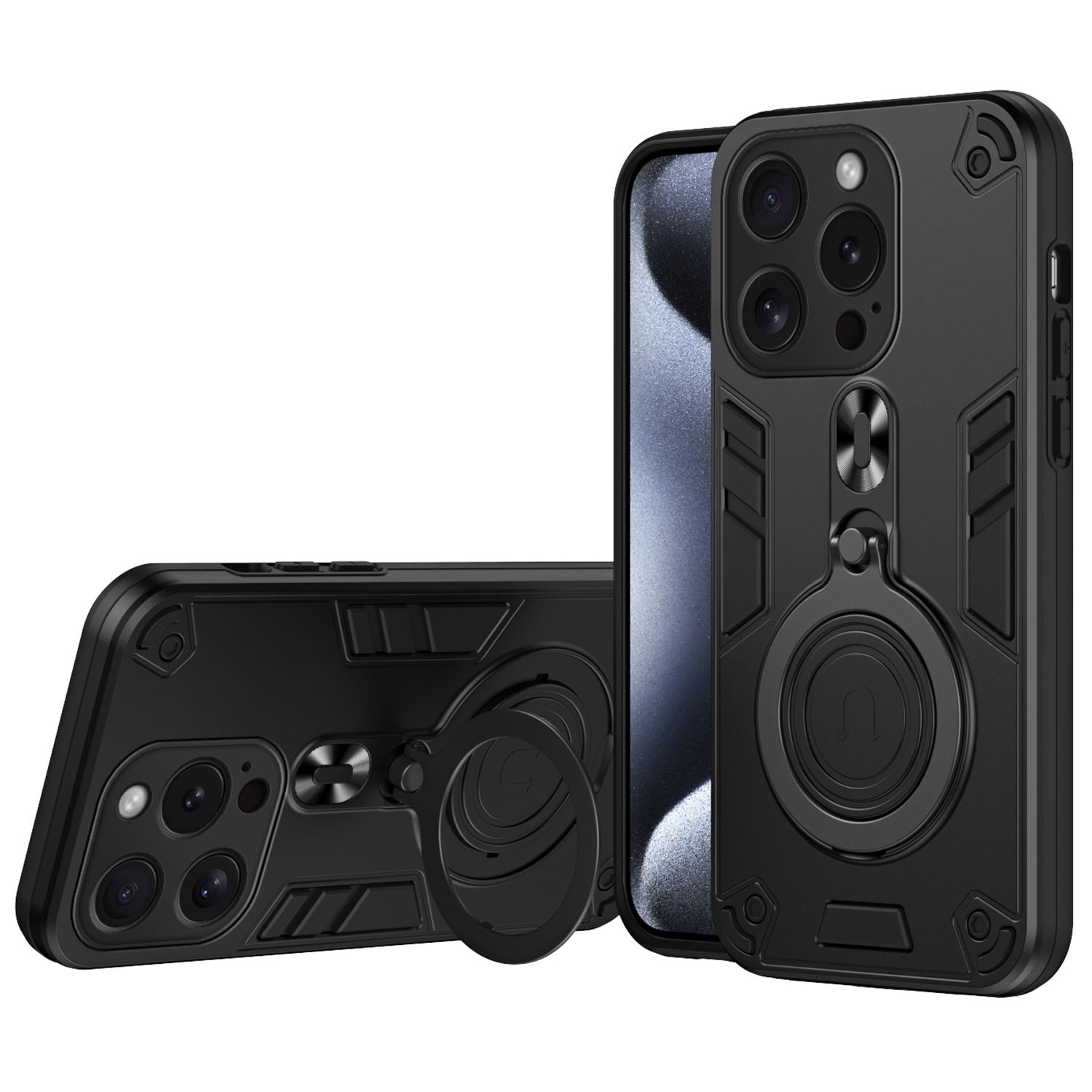 

For iPhone 15 Pro Case Rotatable Kickstand PC+TPU Drop Protection Phone Cover Black