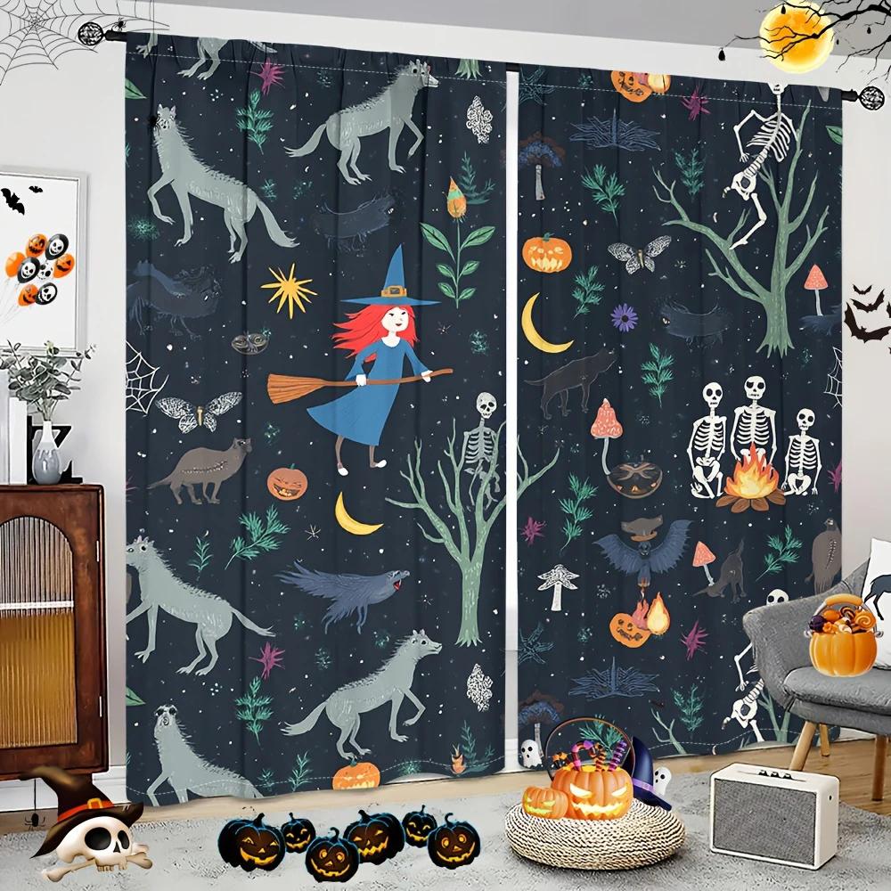 2pcs- Halloween Witch and Skeleton Forest Printed Curtains, Pole Bag Home Decorations, Room Decorations