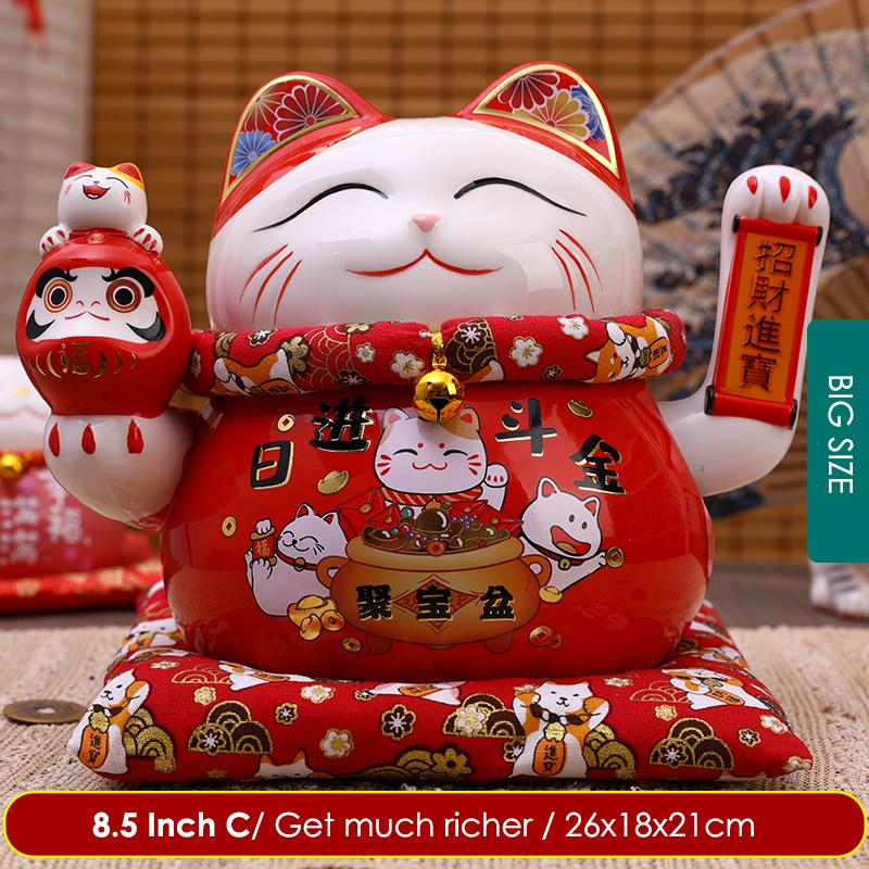 6.5/8.5 Inch Ceramic Beckoning Cat Maneki Neko Ornament Swing Lucky Fortune Cat Feng Shui Decoration Centerpiece Business Gift