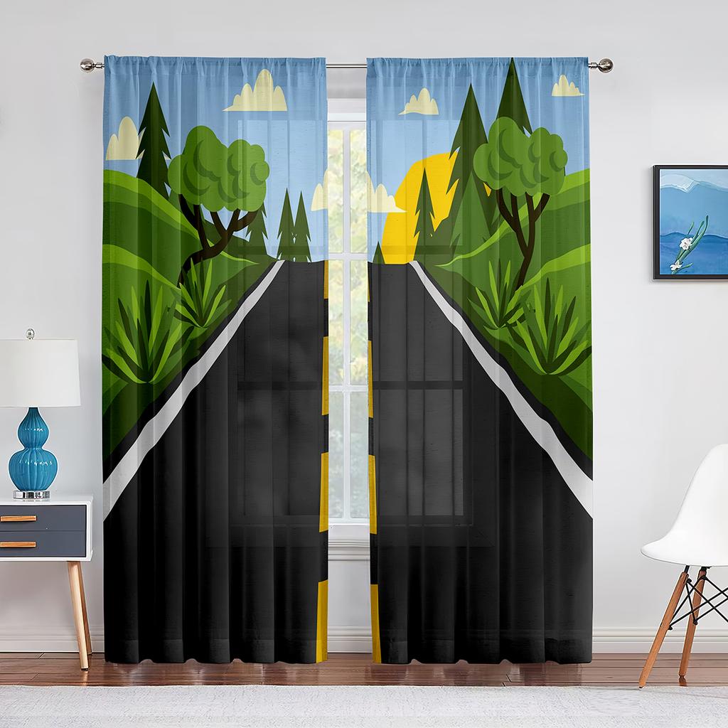 Landschaft Wüste Sonnenuntergang Autobahn Straße Transparente Fenstergardinen für Wohnzimmer Küche Kinderzimmer Tüll Voile Hängegardine