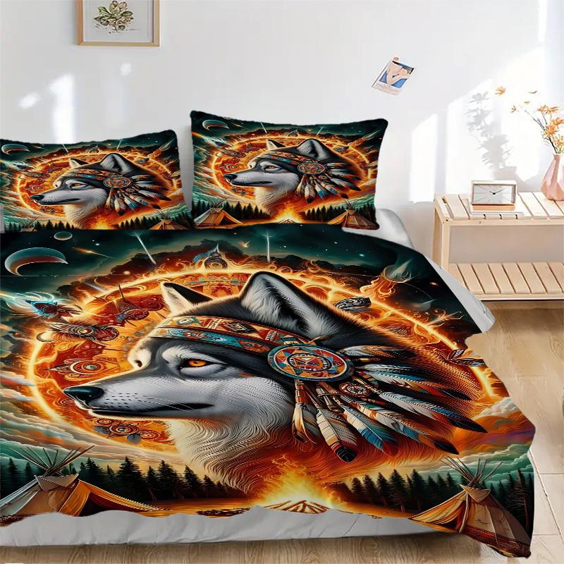 

3pcs Wolf Spirit Duvet Cover Set, Cover For Bedroom Guest Room (1 Duvet Cover + 2 Pillowcase, Without Quilt), yy250922202 135x200cm