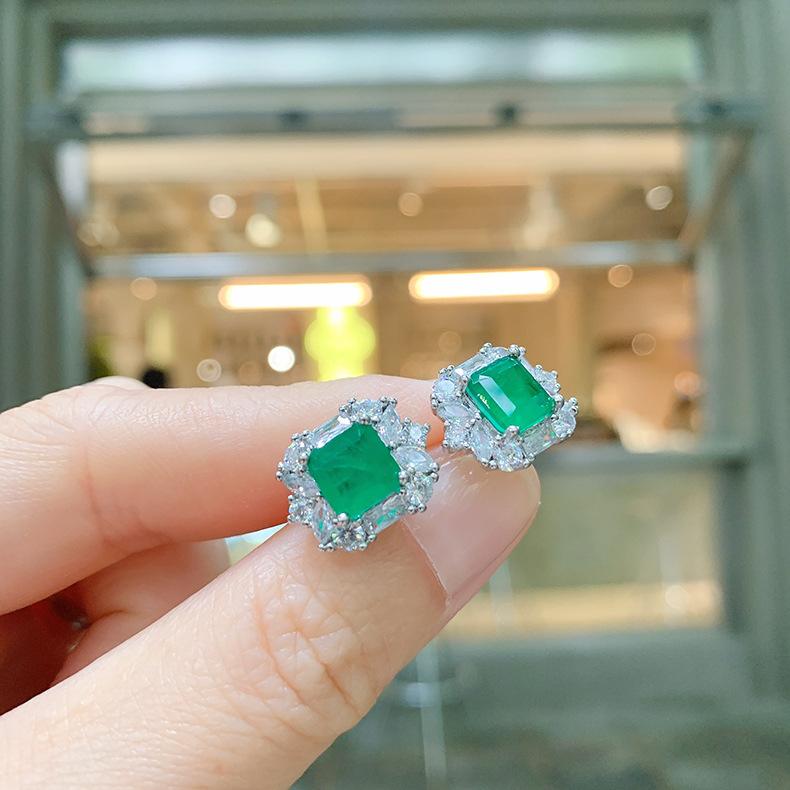 Small Square Emerald Jewelry Set Internet Famous Noblewoman Necklace Pendant Ring Earring Women's