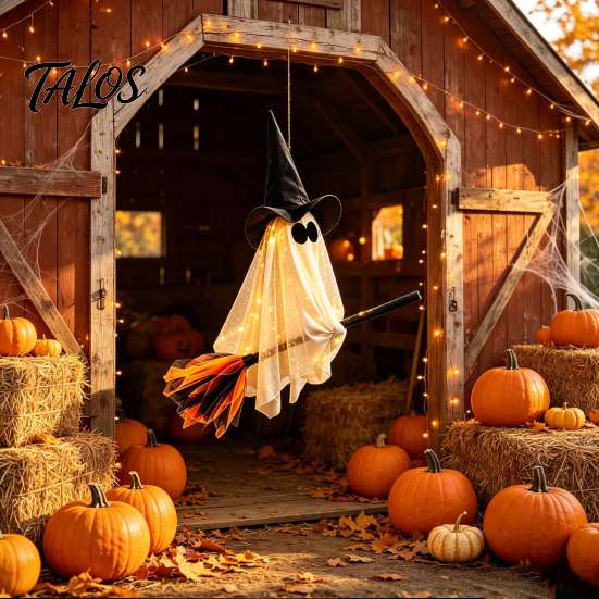 Whimsical Ghost Witch Figurine Halloween Flying with Broom, Large Lighted Hanging Decoration Glowing Window Hat for Lawn Patio Porch Backyard