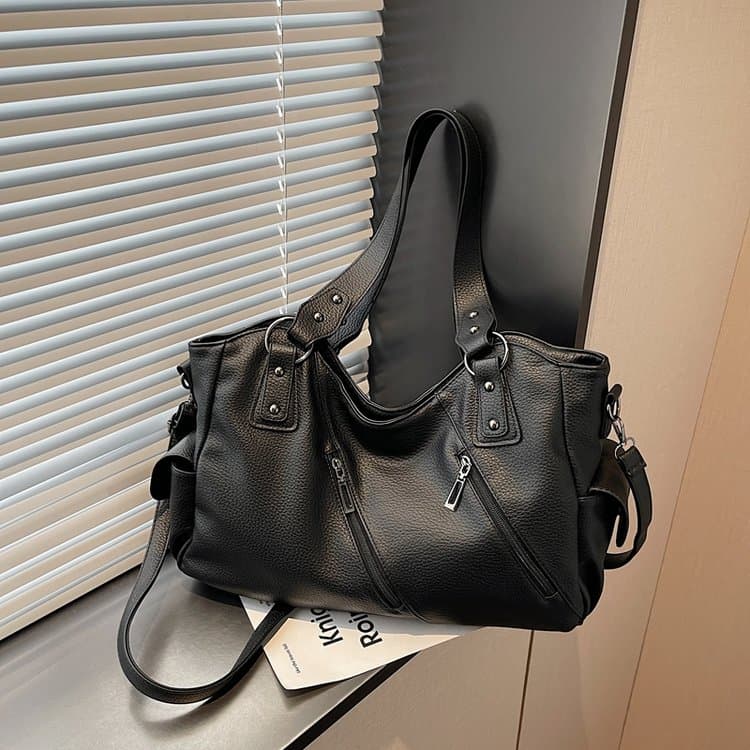 Женская сумка-тоут из мягкой кожи с несколькими отделениями и тиснением под личи, сумка через плечо чёрный