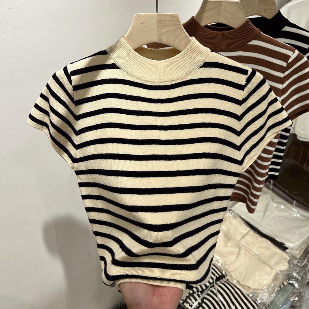 Semi-turtleneck striped wool knitted sweater flying sleeves slim-fitting top small shirt women's 1116 spring and summer short-sleeved bottoming shirt