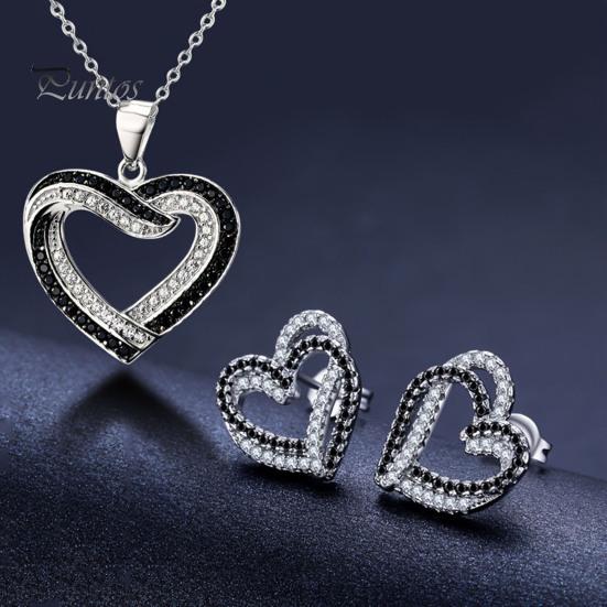 Women Necklace Earrings Set Overlapping Hearts Jewelry Black White Rhinestone And Double Heart Pendant for Parties Weddings Celebrations Love