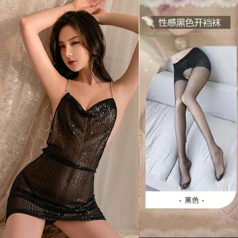 Deep V breast suspender nightdress hot sexy flash nightdress uniform suit halter cos hip skirt
