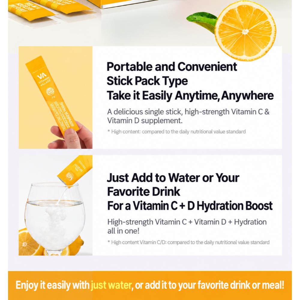 [vitamin village] Delicious Mega C High Dose Vitamin C 2000, Vitamin D 3000, 60 sachets