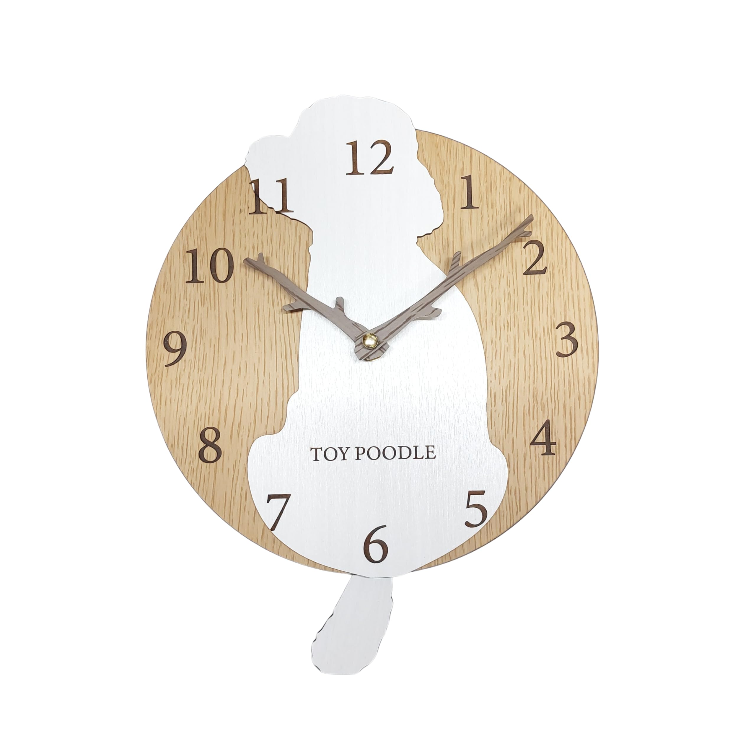 

Stylish wooden pendulum clock featuring a toy poodle in white and cream. Silent, perfect for bedrooms, bedrooms, or any room.
