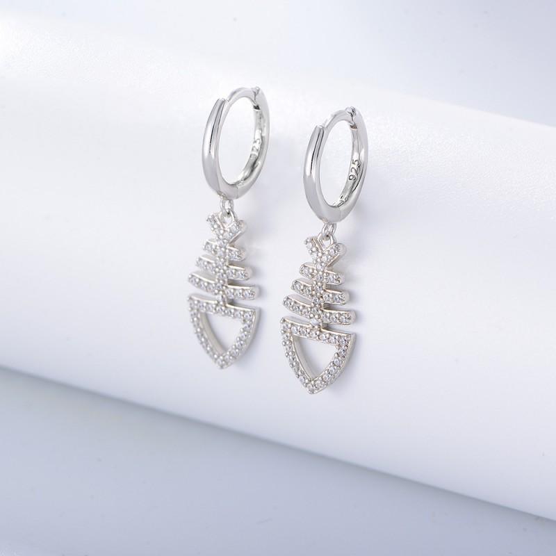 Sterling Fishbone Stud Earrings With Rhinestones Women Trendy Fashion Jewelry 925 Sterling Silver