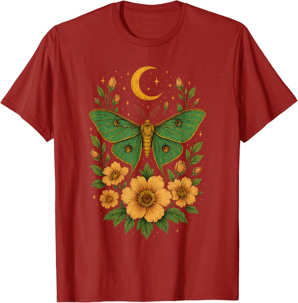 Luna Moth Celestial Garden Graphic Tee Men's Casual Cotton Print Round Neck T-Shirt