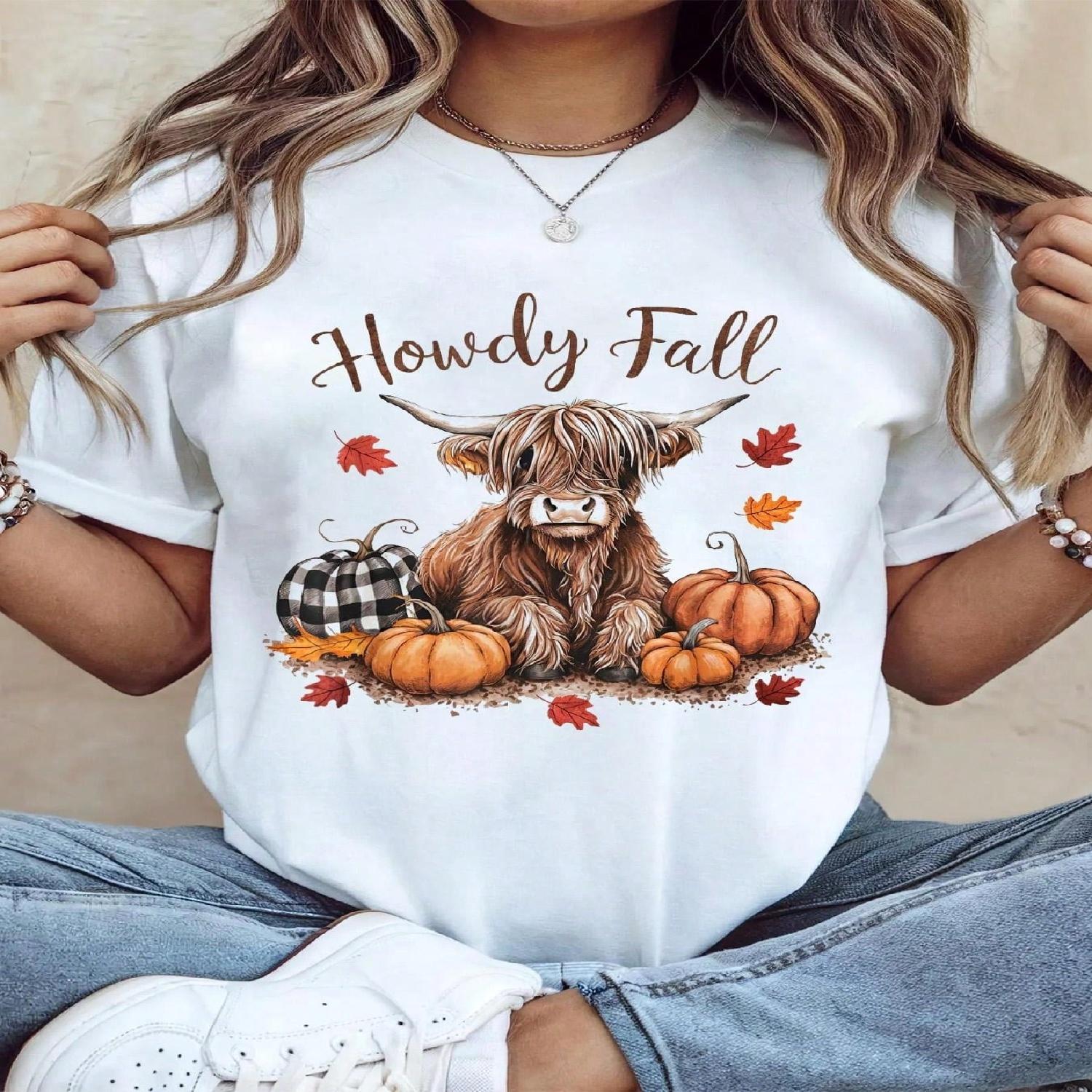 100% Cotton Thanksgiving Graphic Women T Shirt Howdy Fall Highland Cow Happy Thanksgiving Autumn Vibes Fall T-Shirt XXXXXL белый