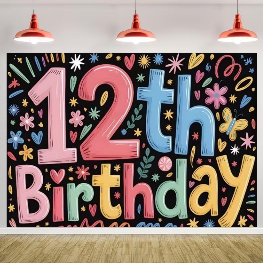 

Happy 12th Birthday Banner Black Gold Balloon Background Party Decoration Boys Girls Birthday Photography Backdrop Kids Gifts 180x120cm