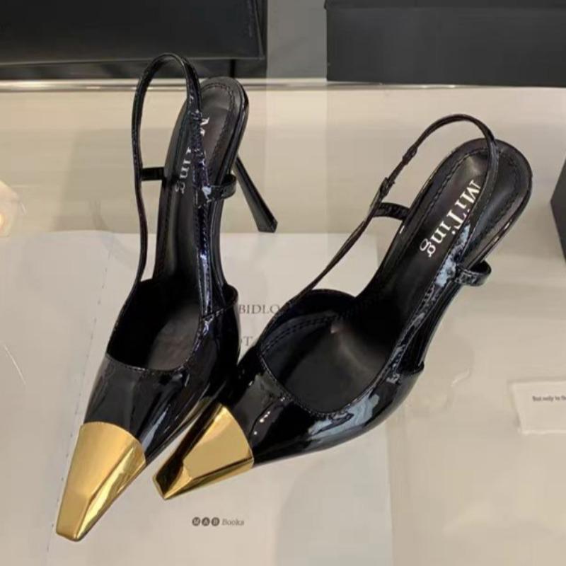 

Fashion Women s Fashion Stiletto Sandals Spring New Metal Pointed Head Shallow Mouth Word with Anti-slip Wear-resistant High Heels 40