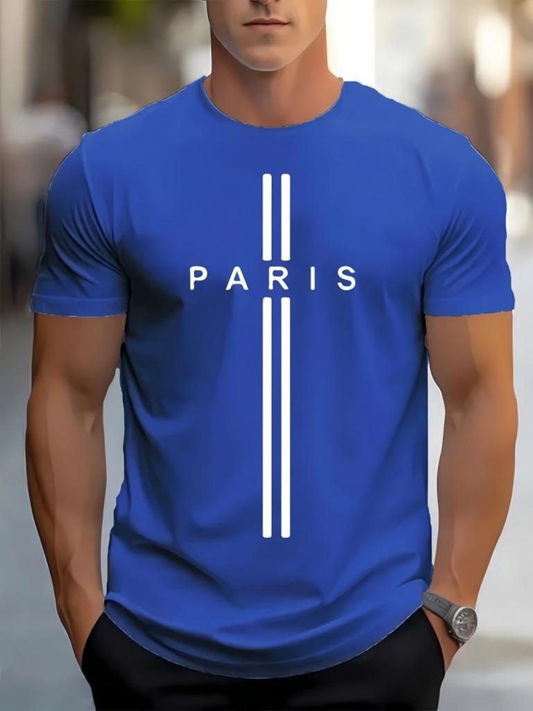 Summer fashion mens polyester fabric casual loose Paris letter pattern printed round neck short sleeved Tshirt fitness top