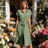 Women's Casual Button Down Shirt Dress with Waist Tie and Short Sleeves Midi Length Relaxed Fit Lightweight Fabric
