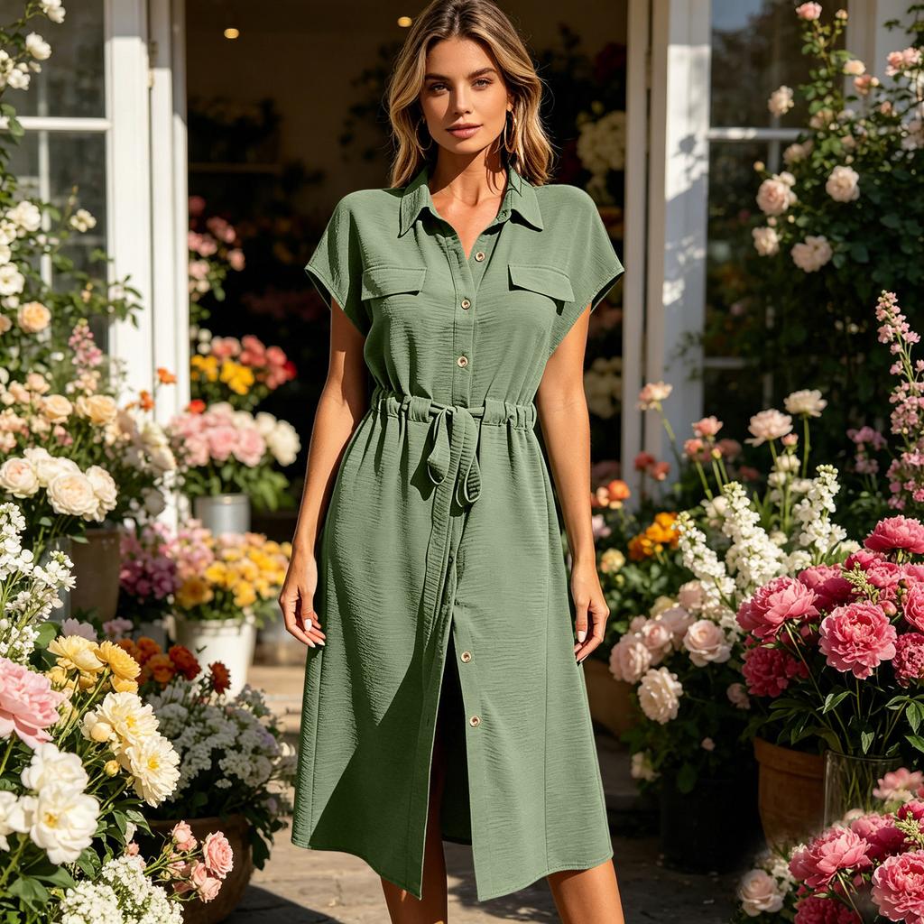 Women's Casual Button Down Shirt Dress with Waist Tie and Short Sleeves Midi Length Relaxed Fit Lightweight Fabric