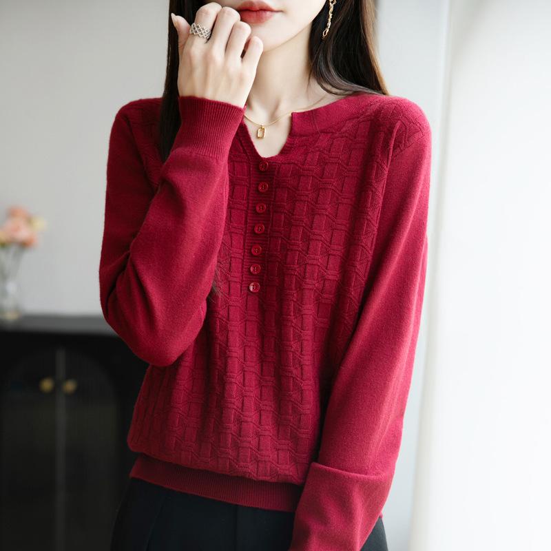 

Осень и Зима Новый Пуловер Свитер V-образный вырез Вязаный Свитер Жаккардовый Женский Весенний Базовый Слой XXL вишня