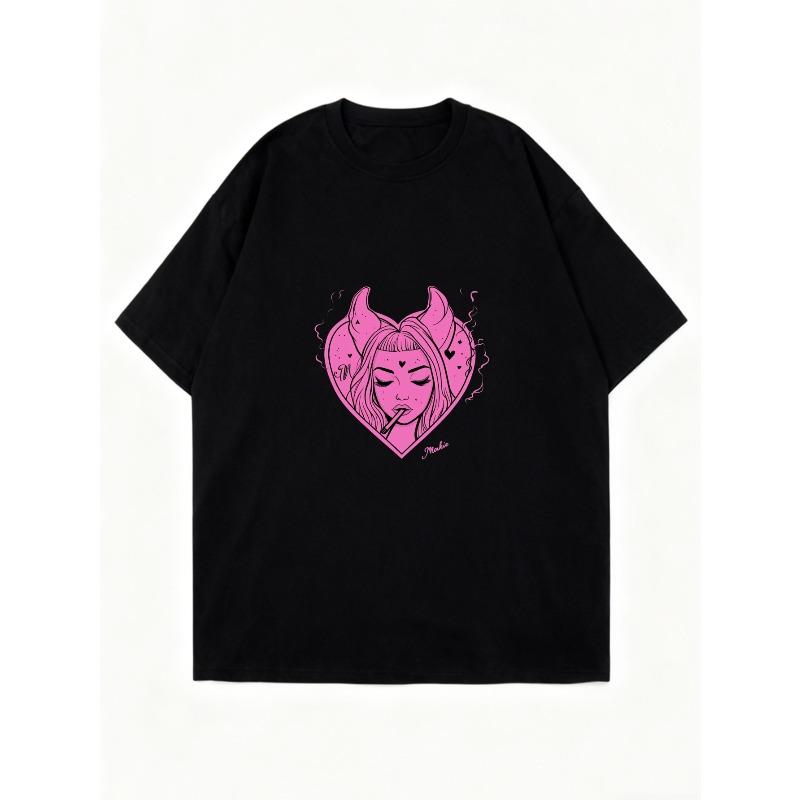 Oversized T Shirt Black Pink Devil Heart Graphic Print Women Casual Streetwear Fashion Top