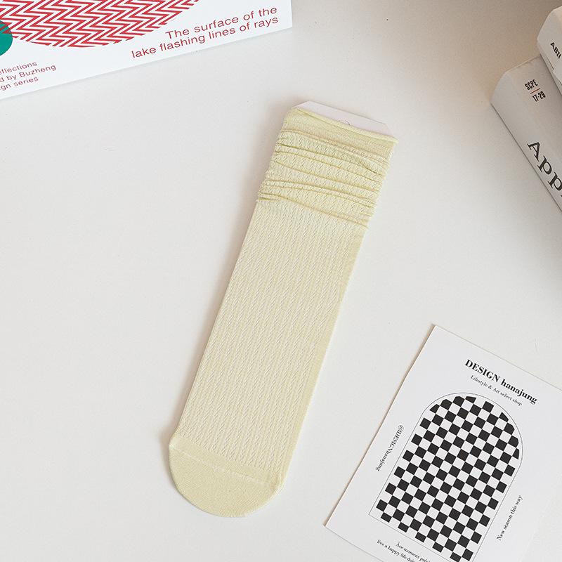 Boneless Pile Socks for Women, Summer Thin Mid-calf Socks, White Long Socks with Small Leather Shoes, Postpartum Socks, Summer Long Calf Socks