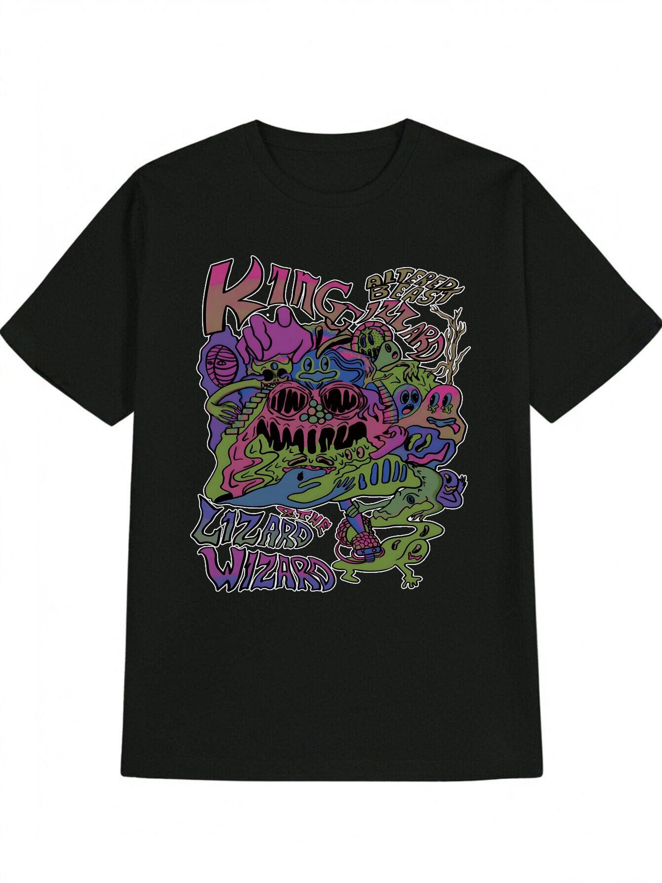 

Casual Graphic T-shirt with Vibrant Monster Skull Print - Black Round Neck Summer Tee XXL
