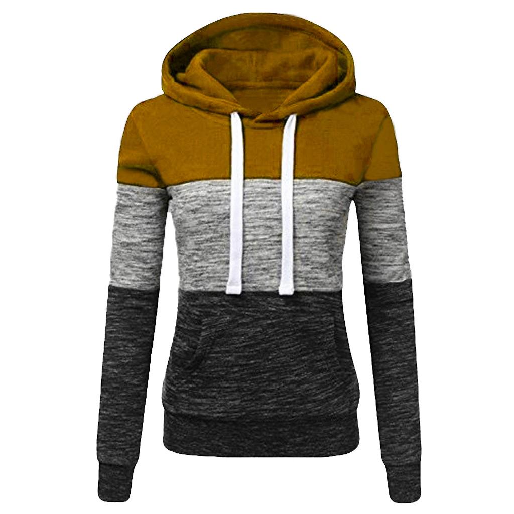 Fashion Womens Casual Hoodies Sweatshirt Patchwork Ladies Hooded Blouse Pullover