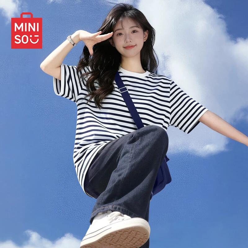 MINISO Women s Striped Cotton Crew Neck T-Shirt M