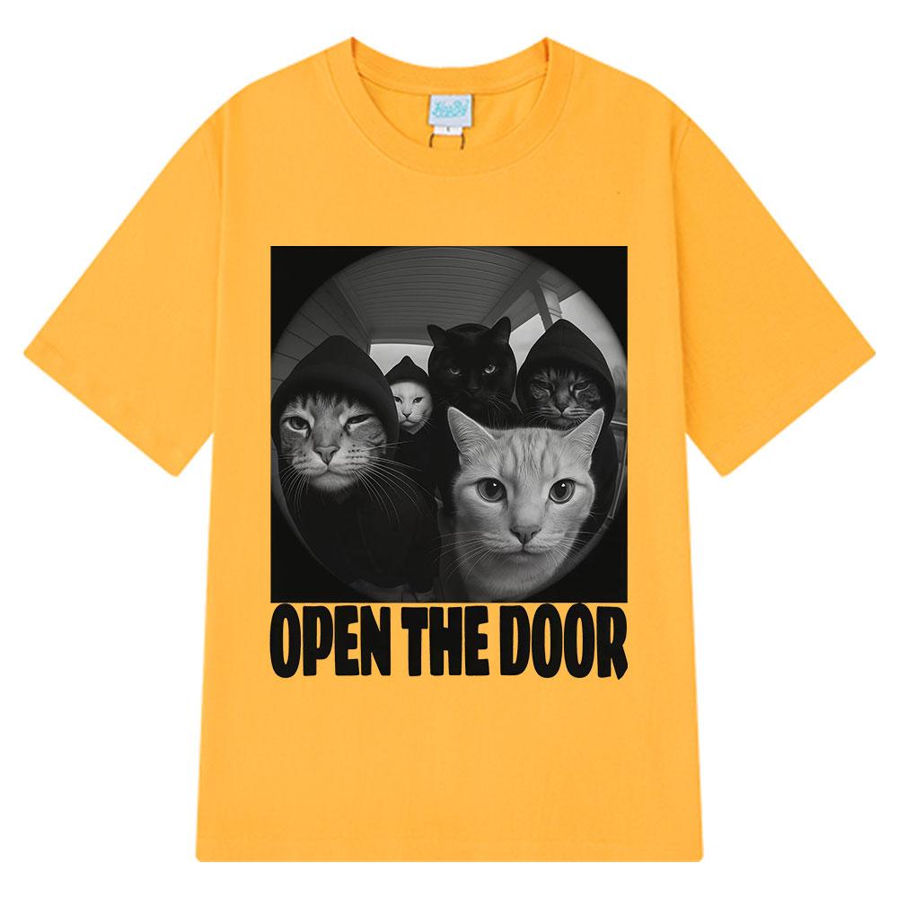 Open The Door Funny Cats Meme Tshirt Men Women Hip-hop Clothing T-shirts Short-sleeved Loose Casual Cotton T-shirts Streetwear