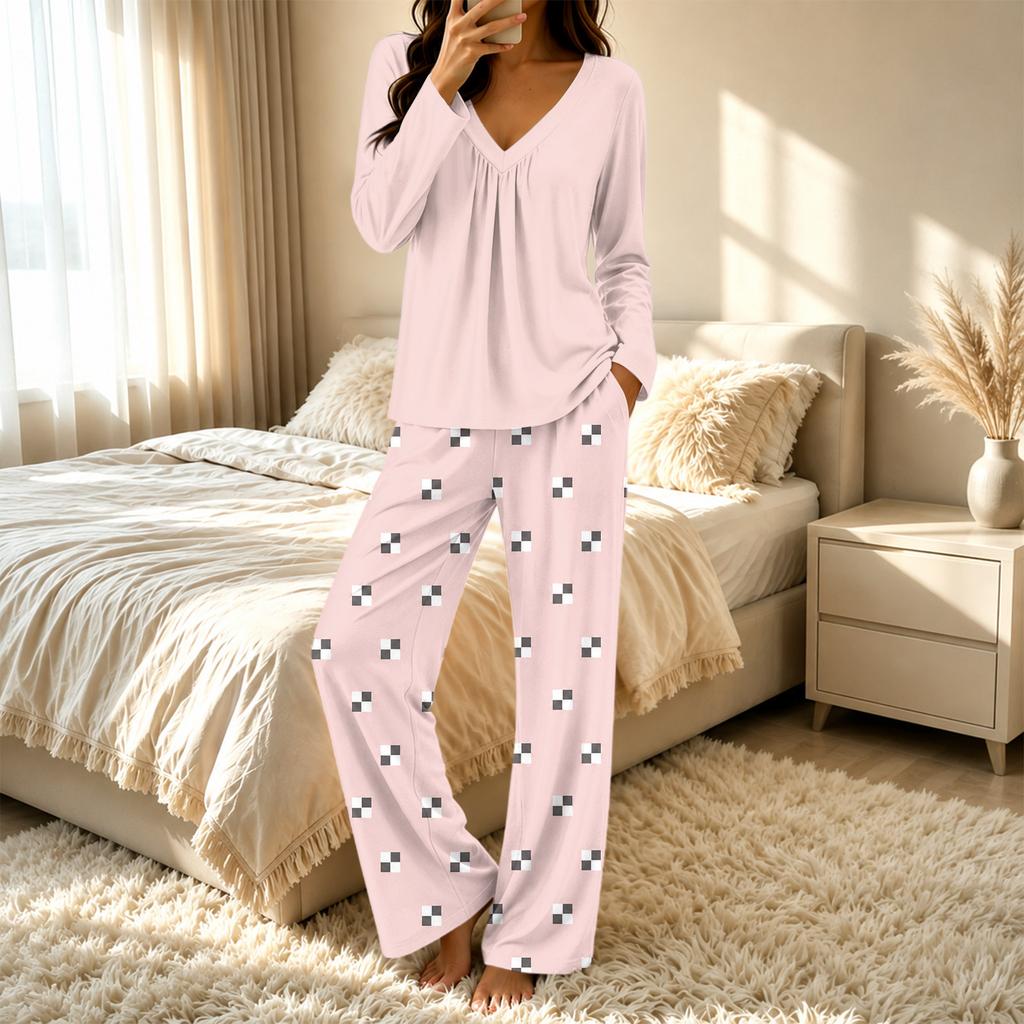 Women's V-Neck Loose Fit Printed Pajama Set Two Piece Sleepwear for Casual