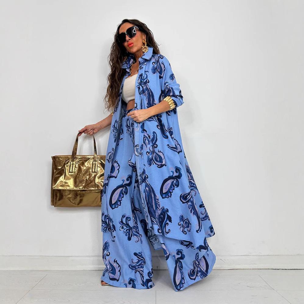 2025 Autumn New Women's Lapel Print Medium and Long Top Wide-leg Pants Two-piece Set