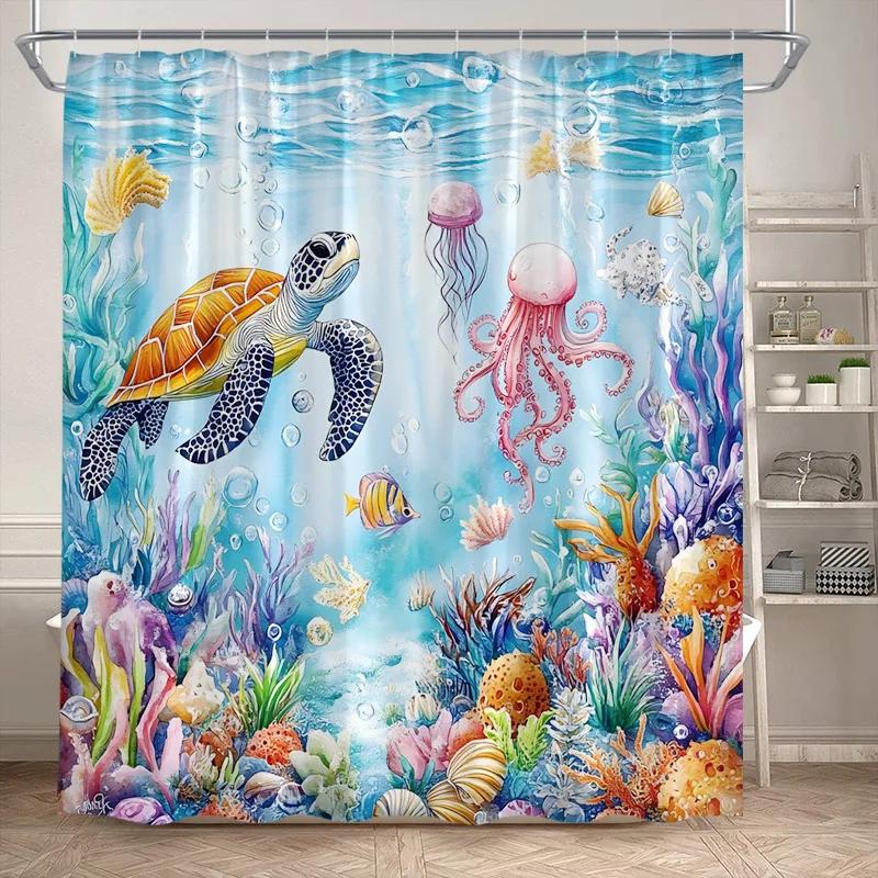 VIKAMA Underwater World Theme Shower Curtain - Waterproof and Mold-Resistant Bathroom Partition Curtain for Home Decoration