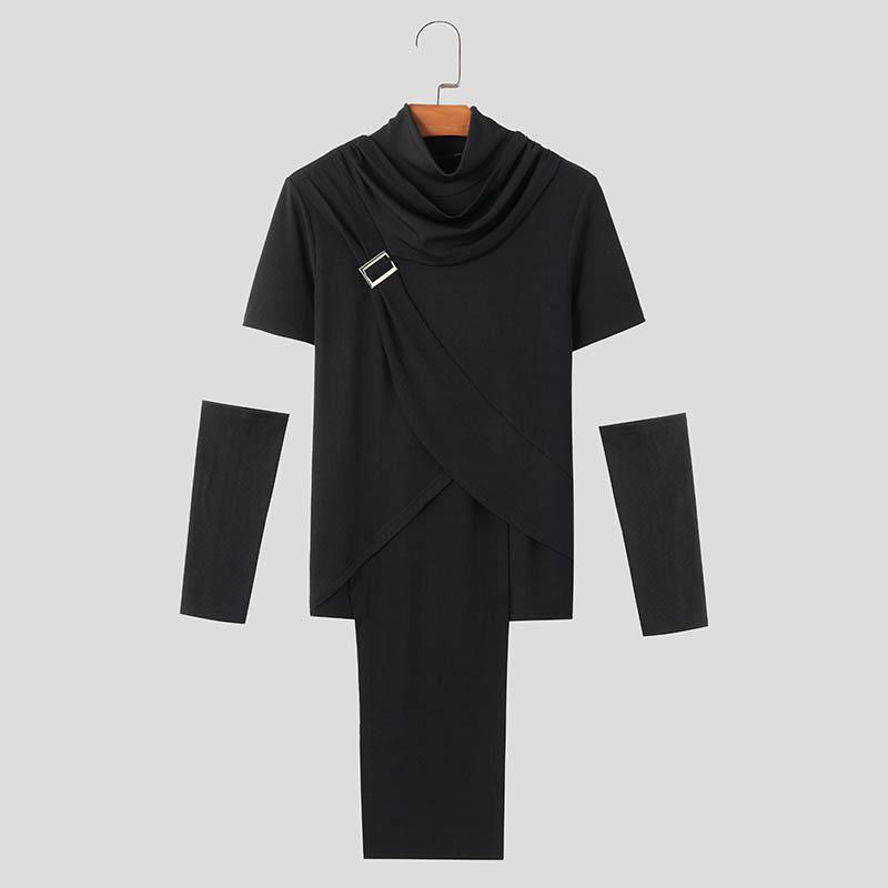 

INCERUN Мужские топы с высоким воротником-хомутиком и рукавами в стиле пэчворк, повседневные облегающие футболки с неровными слоями