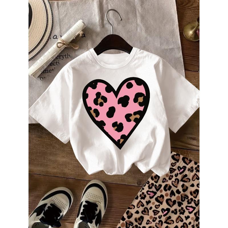 Girls Crewneck Short Sleeve T-Shirt, Leopard Heart Print Soft Skin-Friendly Casual Summer Tee 110 белый
