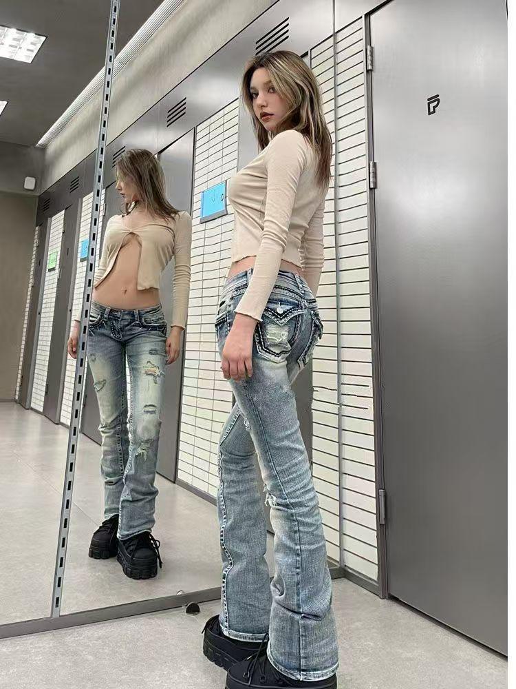 Tall Girl Low Waist Ripped Micro Flare Jeans - Slim Fit Summer Pants