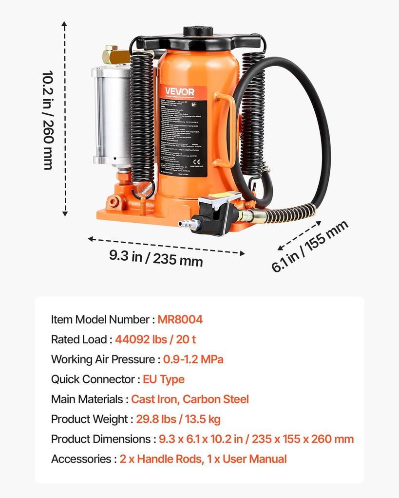 Air Hydraulic Bottle Jack, 20 Ton (44092 Lbs) Capacity, 260-495 Mm Lifting Range, Pneumatic/Manual Heavy Duty Welded Bottle Jack with Pump for SUV,