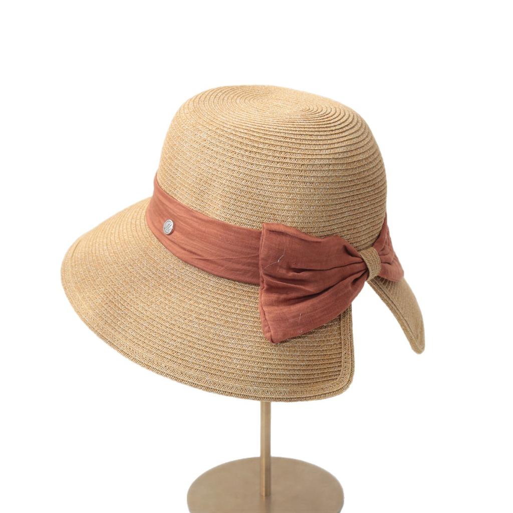 Spring and Summer Bow Straw Hat Woman with Split Fork Can Travel with Ponytail Sunscreen Bucket Hat Woman