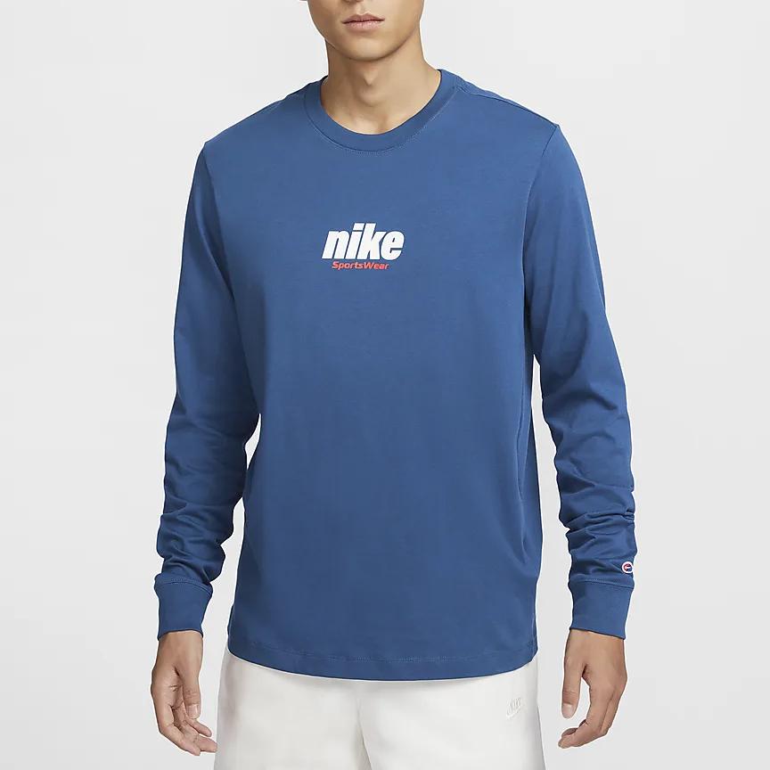 Nike Sportswear Logo Print Crew Neck Long Sleeve T-Shirt Men Tops Garden-Blue HQ1569-421
