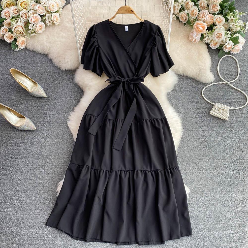 Summer gentle wind temperament V-neck bubble short-sleeved pleated waist thin a-word dress super fairy pendulum long skirt