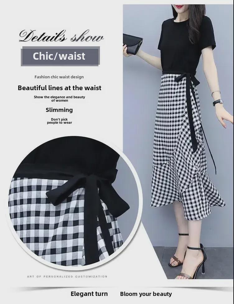 2024 Women's Plaid Two-Piece Set: Waist-Hugging Midi Skirt Dress
