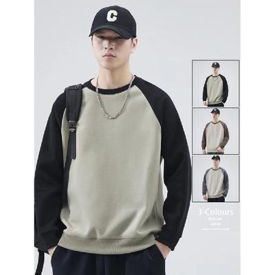2024 Autumn/Winter New American Retro Hoodie Men'S Loose Trendy T-Shirt Color Contrasting Bottom Shirt Round Neck Long Sleeve Top Men