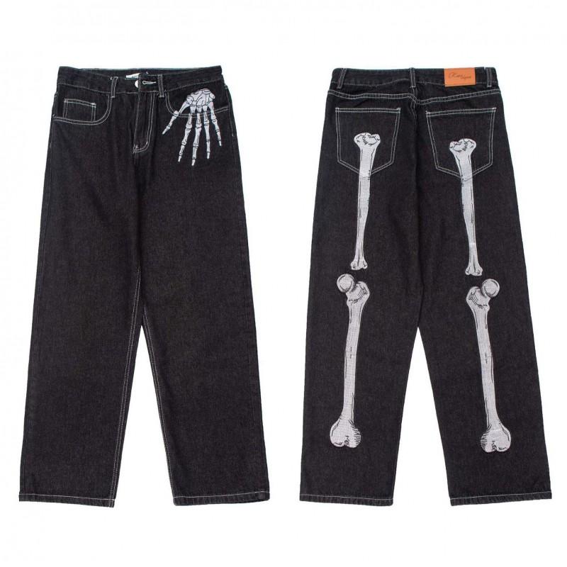 Męskie Ciemne Jeansy Streetwear z Nadrukiem Czaszki, Luźne, Prosty Krój, z Delikatną Elastycznością