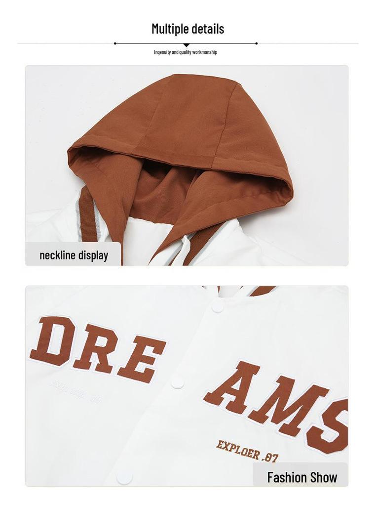 Men's Casual Hooded Jacket - Spring/Autumn 2025 Trendy Embroidered Baseball Style, Fake Two-Piece Design for Couples