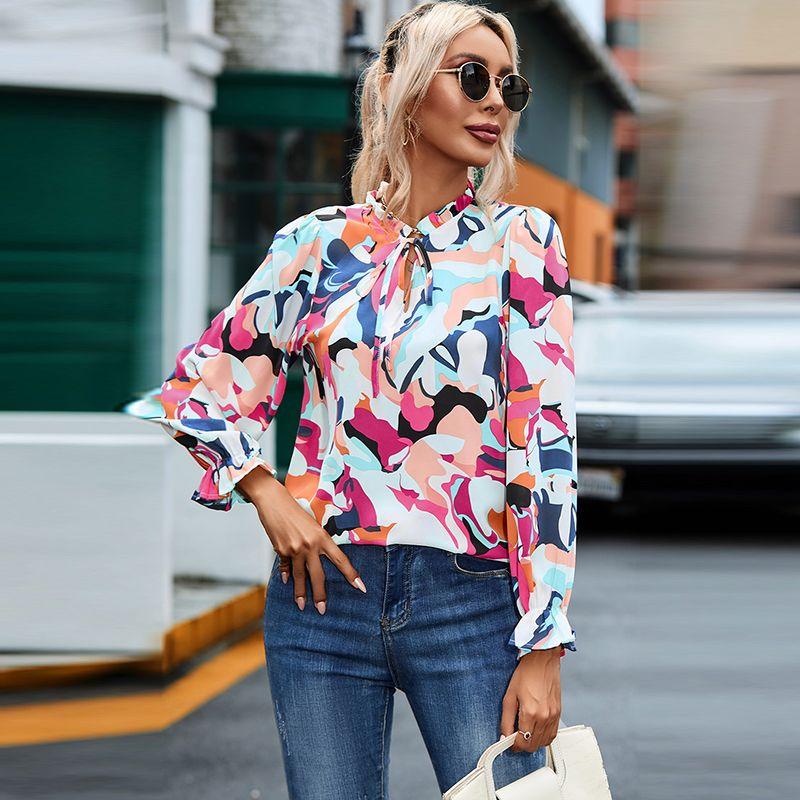 

Fashion Thin Abstract Printing Long Sleeve Pullover Shirt Women 2024 Summer New Arrival Easiest for Match Women V-neck Shirt Women Print S code fits (45.00 kg-55.00 kg