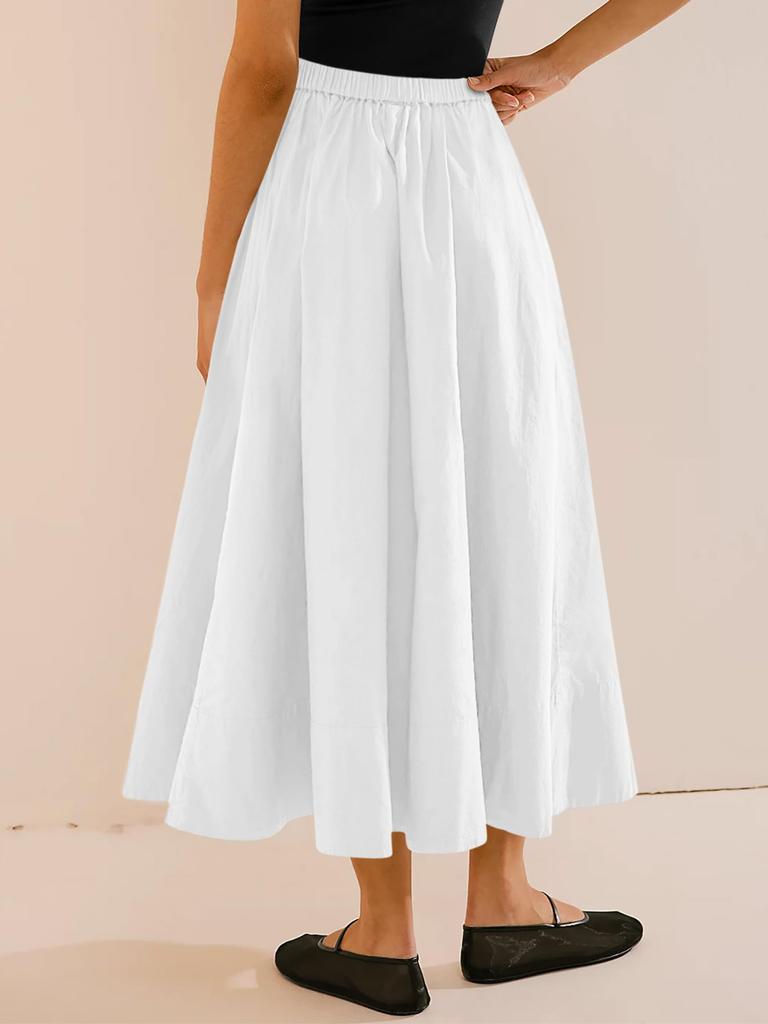 Women's Elastic High Waist A Line Midi Skirt Pleated Flowy Swing Skirt with Pockets