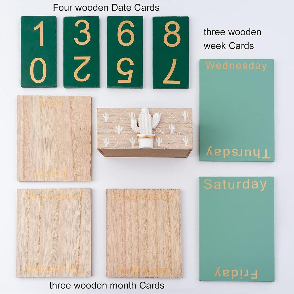 Desktop Perpetual Calendar Wooden Block Retro Calendar for Livingroom Office Shop Bar Desk Decor Week Month Day Display (Green cactus)
